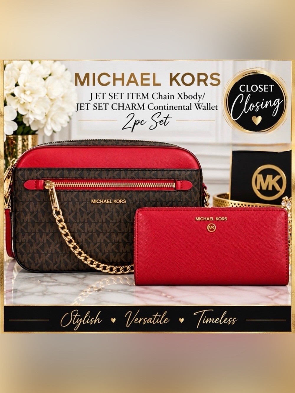 Michael Kors JET SET ITEM Chain Xbody/JET SET CHARM Continental Wallet 2pc Set